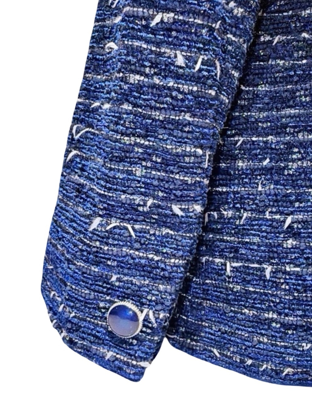 Zenobia Blue Tweed Suit | Chanel-Inspired Textured Blazer & Skirt | Like-New | 8 - Picture 11 of 15